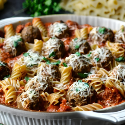 Dump and Bake Meatball Casserole with Bow Tie Pasta