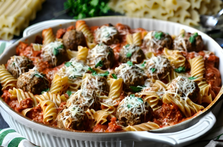 Dump and Bake Meatball Casserole with Bow Tie Pasta